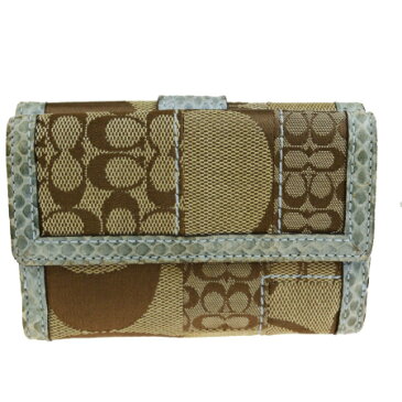【中古】 コーチ COACH パッチワーク シグネチャー 三つ折り 財布 ブラウン ライトブルー キャンバス パイソン レザー 06HD915