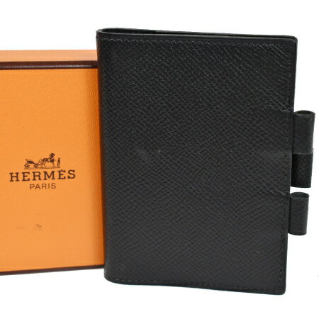 【中古】 美品 エルメス HERMES ミニ 手帳カバー アジェンダ ブラック レザー 保存箱付き 05JE520