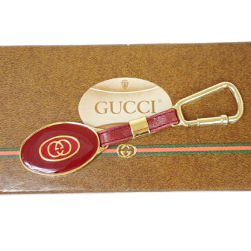 【中古】 美品 グッチ GUCCI バッグチャーム キーホルダー ボルドーレッド ゴールド メタル レザー 保存箱付き 01MQ486