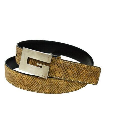 【中古】 グッチ GUCCI ベルト ブラウン シルバー パイソン メタル 08JF309