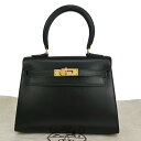 【中古】 エルメス ロゴ ミニケリー 2WAY ショルダー ハンドバッグ ボックス カーフレザー ブラック ○X GHW フランス ヴィンテージ 3371LC3...