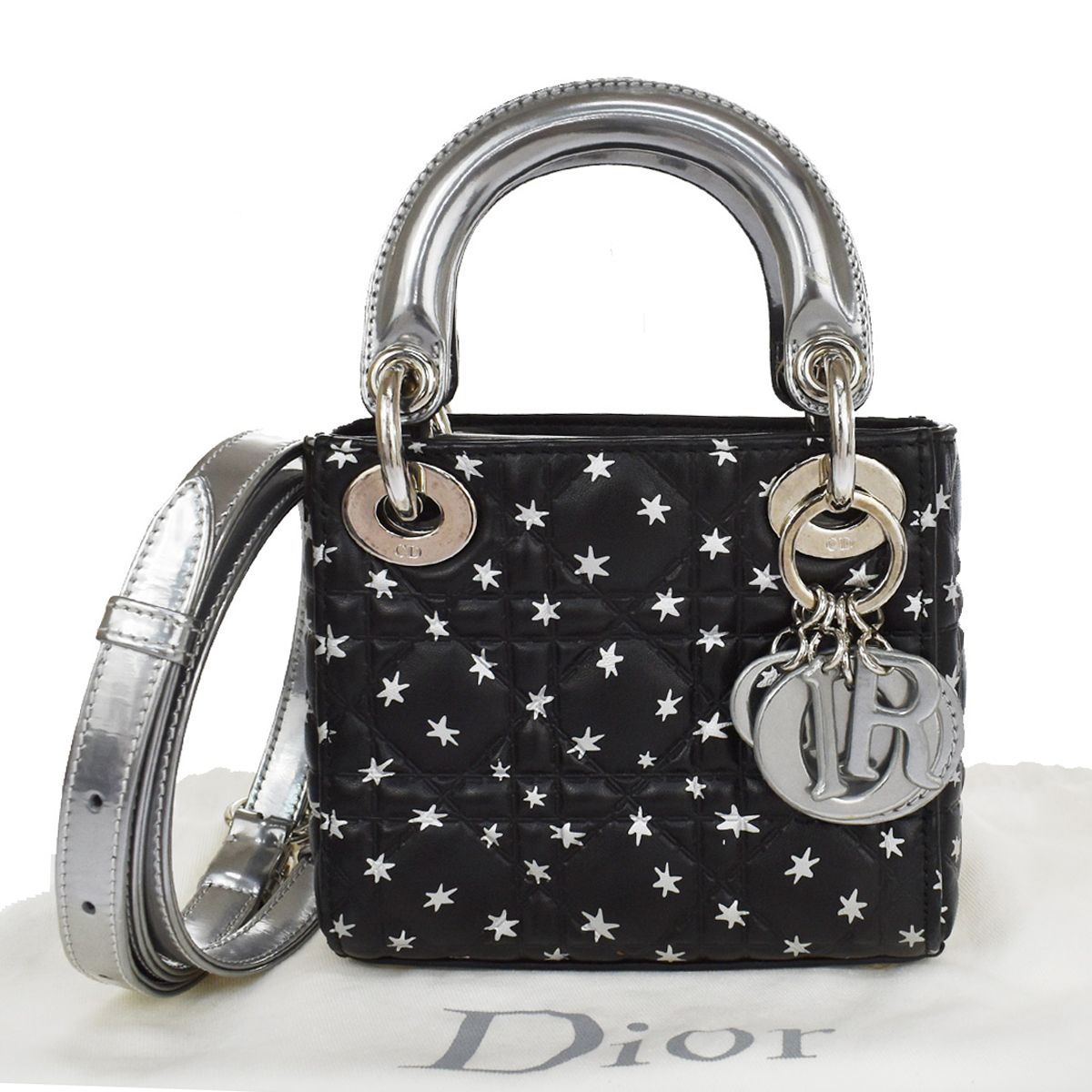 【中古】クリスチャン ディオール CHRISTIAN DIOR ロゴ レディ カナージュ スター 2Way ミニ ショルダー ハンドバッグ パテントレザー ブラック シルバー イタリア805RH630