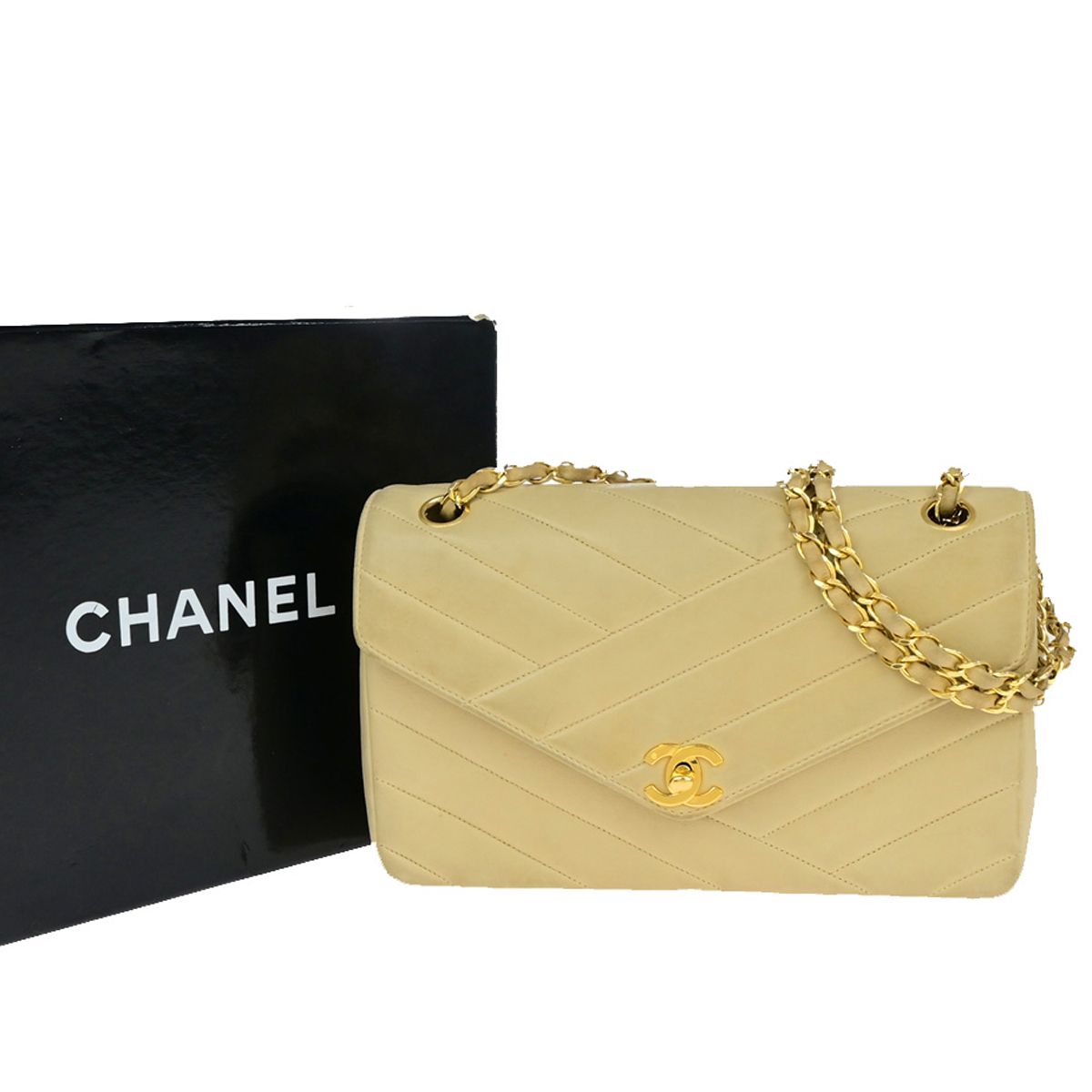 【中古】シャネル CHANEL CC ロゴ バイアスステッチ チェーン ショルダーバッグ レザー ベージュ ゴールド金具 フランス617RK443