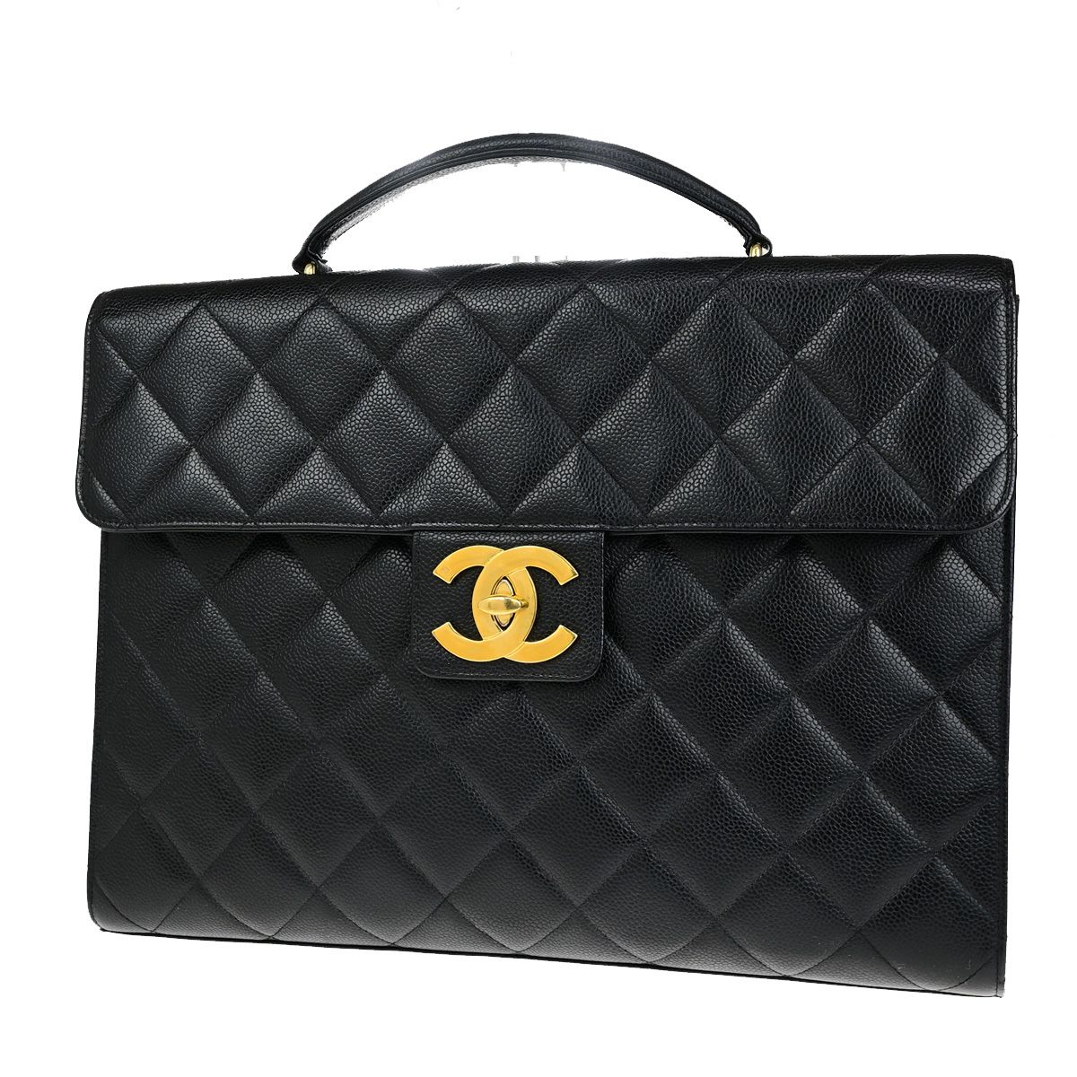 【中古】シャネル CHANEL CCロゴ マトラッセ ビジネス ブリーフケース ハンドバッグ グレインカーフスキンレザー ブラック ゴールド金具 フランス ヴィンテージ645RK828