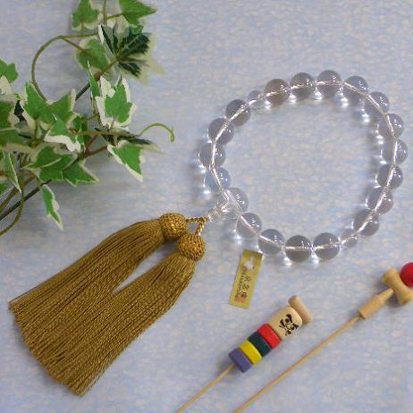 男性用用略式貴石数珠　京念珠■本水晶（クリスタル）18玉・LLサイズ■正絹（シルク）頭房　【桐箱付】