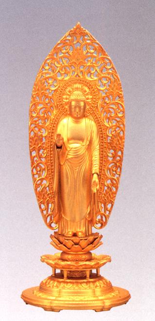 仏像■　阿弥陀如来　舟形　純金メッキ　■松久朋林・原型■合金製　【高岡銅器】