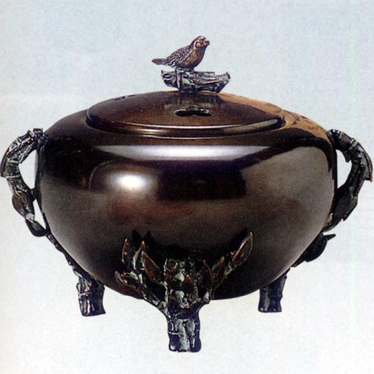 楽天仏具徳香炉・香立て■　香炉　平丸型（竹に文鳥蓋）　■瑞峰作　青銅（ブロンズ）製　桐箱入り【高岡銅器】