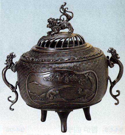 香炉・香立て■　香炉　丸型　(花鳥地紋)　■蝋型青銅(ブロンズ)製　桐箱入り【高岡銅器】