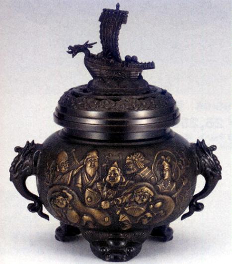 香炉・香立て■　宝船七福神香炉(古手研ぎ出し)　■青銅(ブロンズ)製　紙箱入り【高岡銅器】