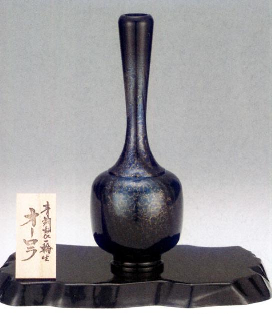 花器・花瓶■　花瓶　7．5寸寿鶴首　オーロラ　■木札・台付　青銅(ブロンズ)製　化粧箱入り
