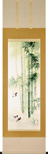 Rakuten - 床の間掛軸【祝い掛け軸】■　竹に雀　■富岡蘇峰作　特殊工芸作品*尺五立*掛軸収納