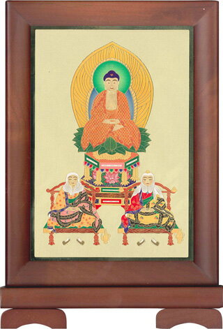 木製スタンド額■　輝三尊　天台宗　■24金メッキゴールドプレート■三尊佛