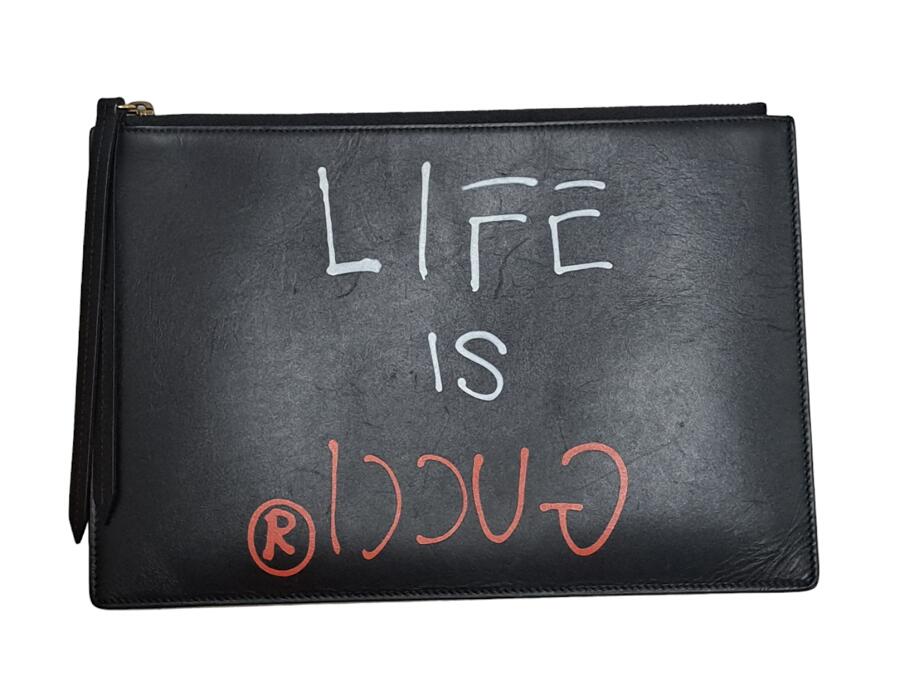 グッチ ゴースト セカンドバッグ ゴースト 445597 LIFE IS GUCCI クラッチバッグ ハンドバッグ カーフ レザー 黒 ブラック GUCCI メンズ レディース 【中古】