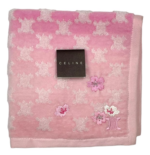 未使用 セリーヌ ハンドタオル ミニタオル ハンカチ 刺繍 CELINE 桜 ピンク 綿 マカダム 100% コットン 日本製 【中古】