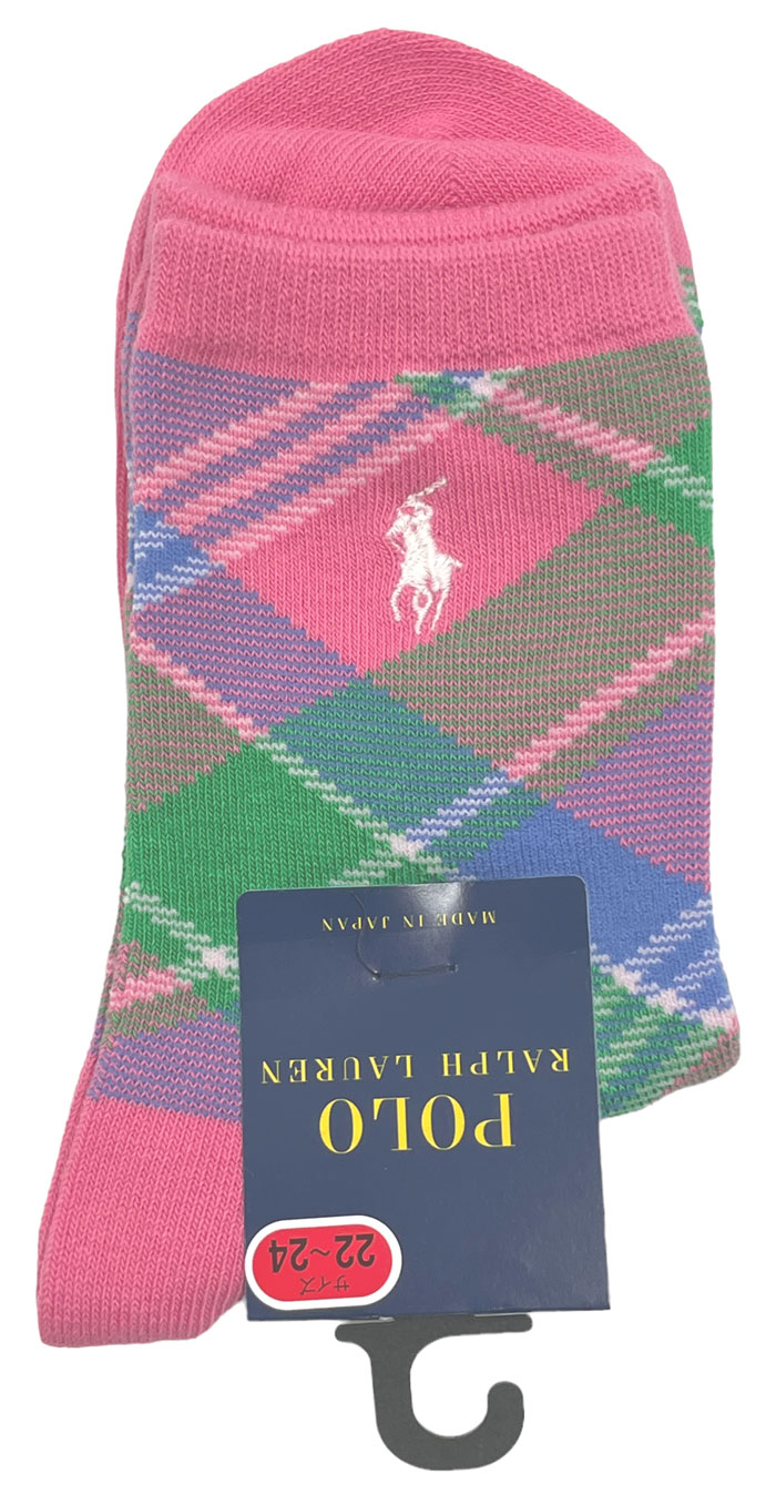 未使用 ラルフローレン ソックス レディース キッズ 22-24cm チェック 靴下 ピンク クルー丈 ナイガイ 日本製 POLO RALPH LAUREN ポニー 【中古】