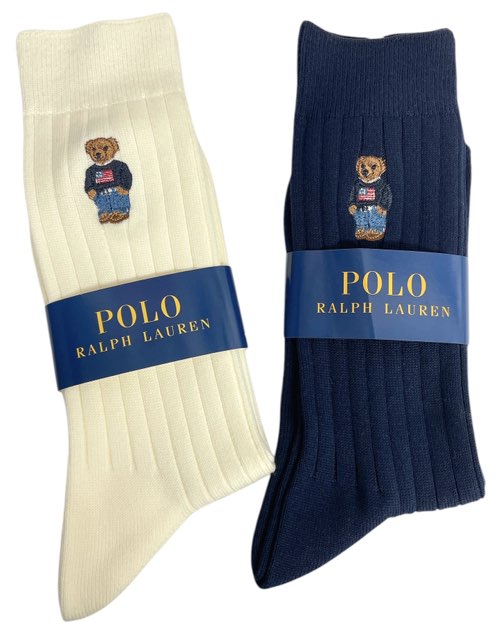 未使用 ラルフローレン ソックス メンズ 25-27cm ベア 靴下 2足セット ネイビー アイボリー ナイガイ 紳士用 POLO RALPH LAUREN ポ...