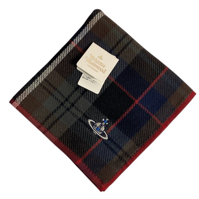 未使用 ヴィヴィアンウエストウッド ハンドタオル ミニタオル ハンカチ タオル オーブ チェック グレー ブラウン ネイビー　ブラック レディース メンズ VivienneWestwood ヴィヴィアン ビビアン 綿　100％　コットン【中古】