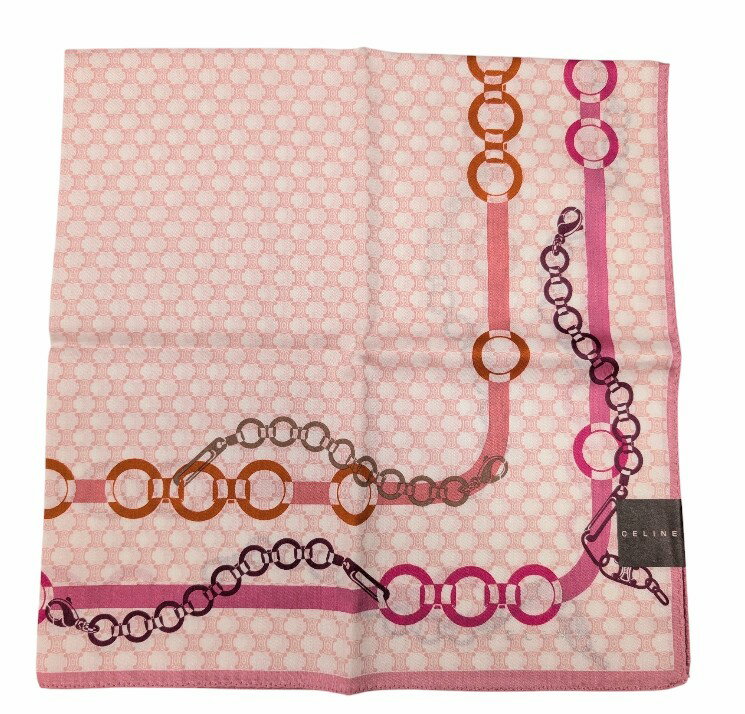 未使用 セリーヌ ハンカチ 大判 マカダム柄 ピンク系 スカーフ　CELINE 綿　100％ コットン レディース 【中古】