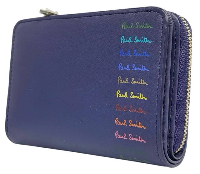 未使用 ポールスミス 二つ折り 財布 ロゴ レザー マルチカラーロゴ パープル 紫ミディアム財布 レディース メンズ Paul Smith ブルー BPW295 【中古】