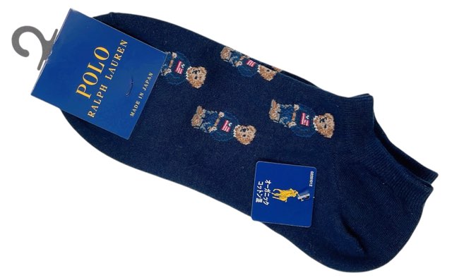 未使用 ラルフローレン ソックス レディース ネイビー 紺 キッズ 23-25cm オーガニックコットン混 フラッグミニベア総柄 ベア 靴下 スニーカーソックス...