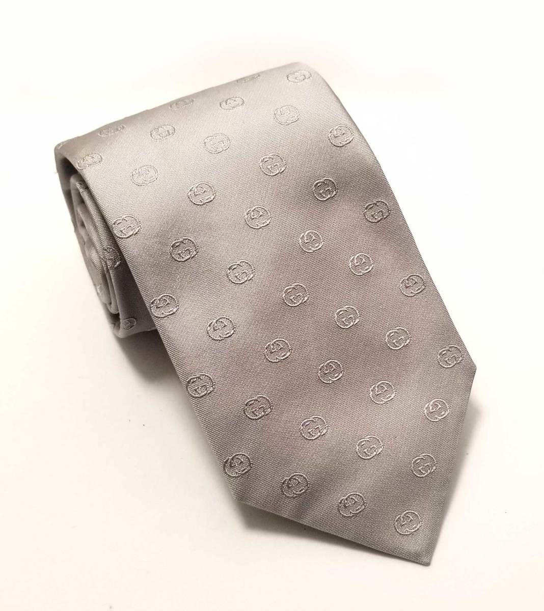 新品同様 グッチ ネクタイ GG インターロッキング 総柄 シルク100% グレーメンズ 紳士用 シルクネクタイ GUCCI 【中古】