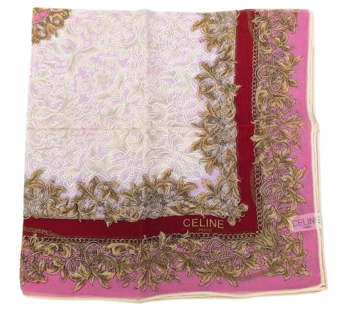 セリーヌ スカーフ ミニスカーフ ハンカチ ピンク レッド ホワイト CELINE 絹　100％ シルク レディース 【中古】
