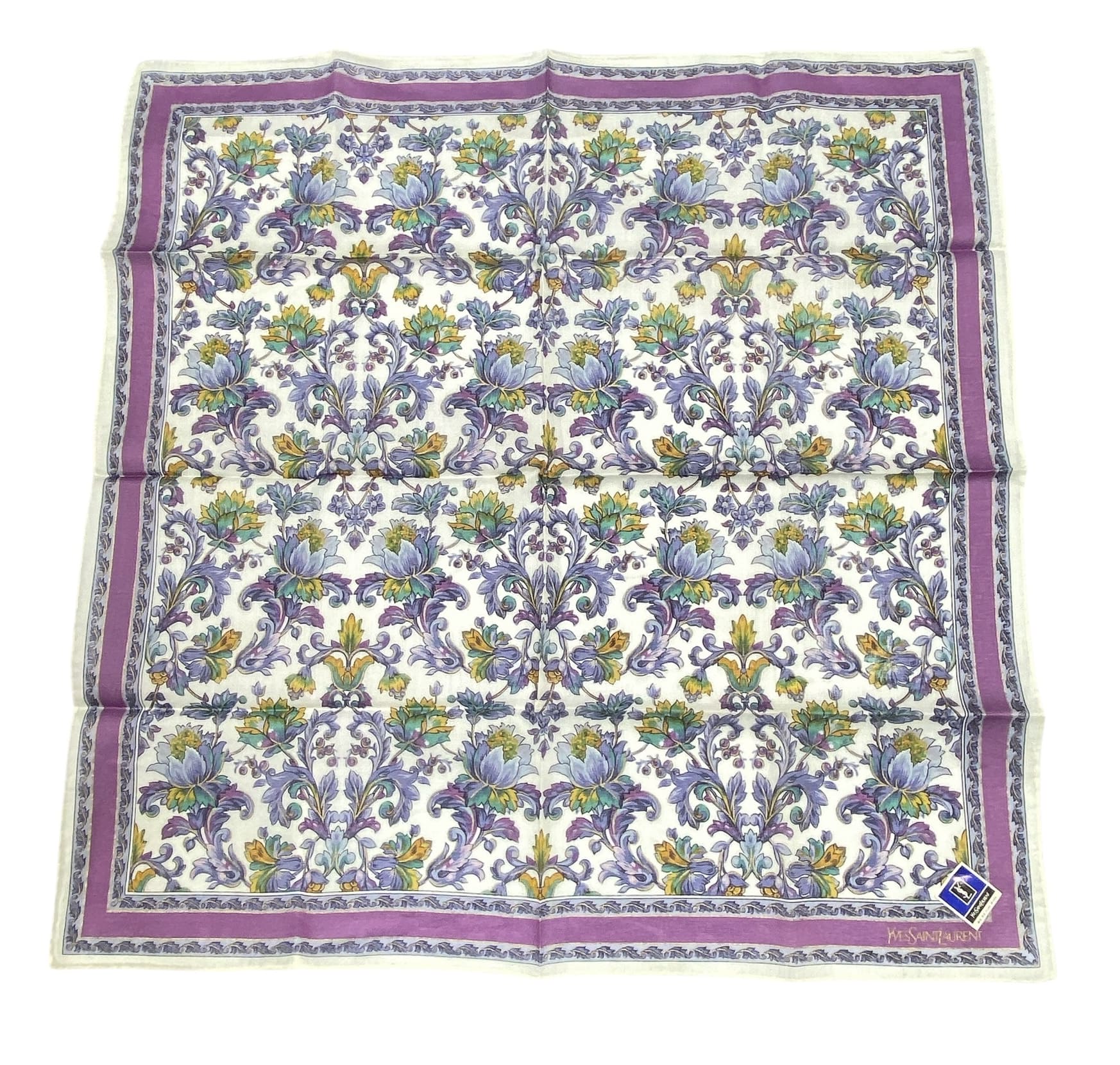 未使用 イヴサンローラン ハンカチ スカーフ レディース 　vintage　綿　scarf 100％ パープル ホワイト ボタニカル柄 草木柄 花柄 YSL YVES SAINTLAURENT 【中古】