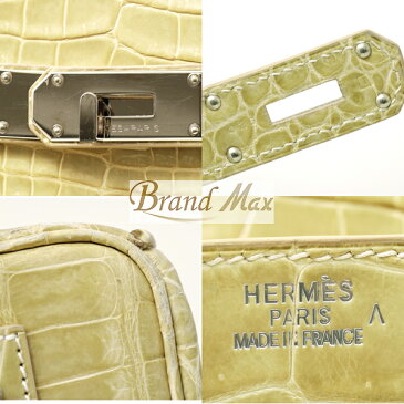 エルメス HERMES ショルダーバーキン クロコポロサス グリーンベージュ×シルバー金具 I刻（2005年）【中古】