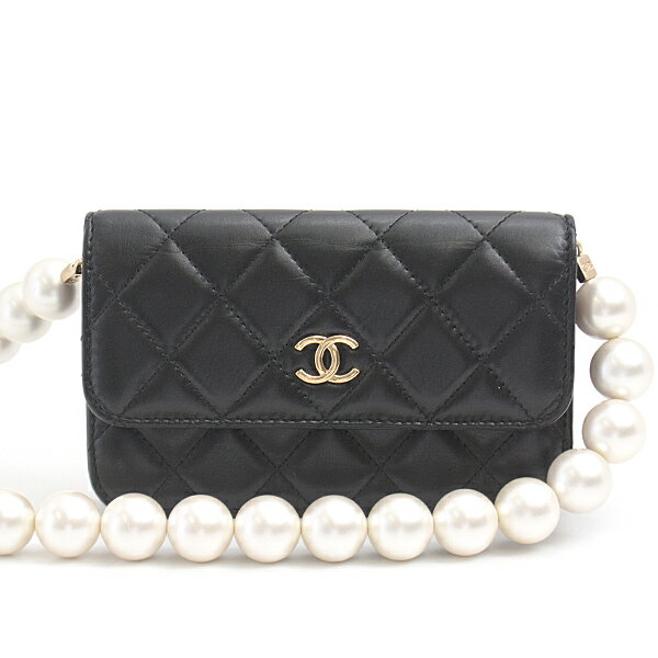 シャネル バッグ レディース マトラッセ パールショルダー ラムスキン ミニ財布 チェーンウォレット ブラック CHANEL 中古