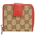 グッチ 財布 レディース ラウンドファスナー コンパクトウォレット 二つ折り財布 GGキャンバス ブラウン×レッド GUCCI 346056 中古