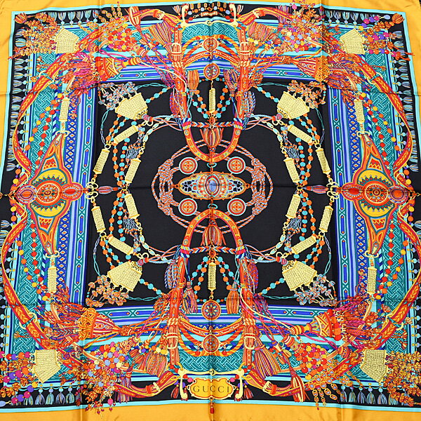 グッチ スカーフ レディース タッセルデザイン 大判 ショール シルク100％ ブラック ゴールド GUCCI 中古