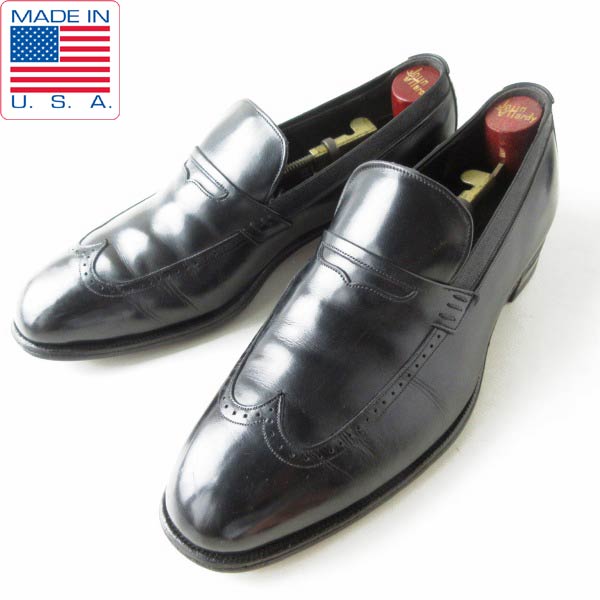 80s USA製 ジョンストン&マーフィー ARISTOCRAFT ウィングチップ ローファー 黒 27.5cm シューキーパー付き ビンテージ D149【中古...