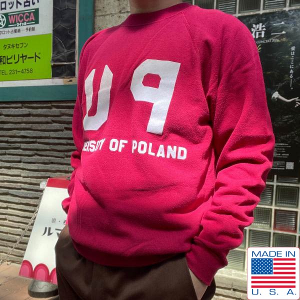 80s USA製 UP フロッキープリント カレッジ スウェット ワイン系 L ポーランド ヘインズ Hanes アメリカ製 ビンテージ D149【中古】【古着】【メンズ】【通販】【BTPL】