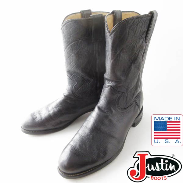USA製 Justin ジャスティン 良質レザー ペコスブーツ 黒 27.5cm ブラック 本革 ローパーブーツ アメリカ製 D153【中古】【靴】【メンズ】【通販】【BSL】(4.0)