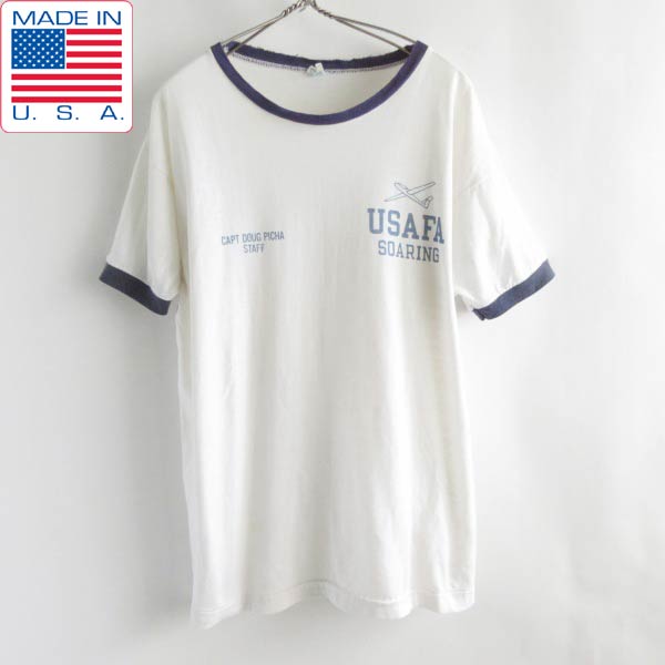 70s USA製 バータグ Champion USAFA リンガーTシャツ L 白×紺系 空軍士官学校 チャンピオン アメリカ製 ビンテージ PV【中古】【古着】【メンズ】【通販】【BTSL】