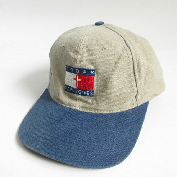 90s HEAD SHOT KCcap トミーフラッグ柄パロディ ツートン ベースボール キャップ カーキ系×紺系 帽子 ビンテージ D148【中古】【通販】