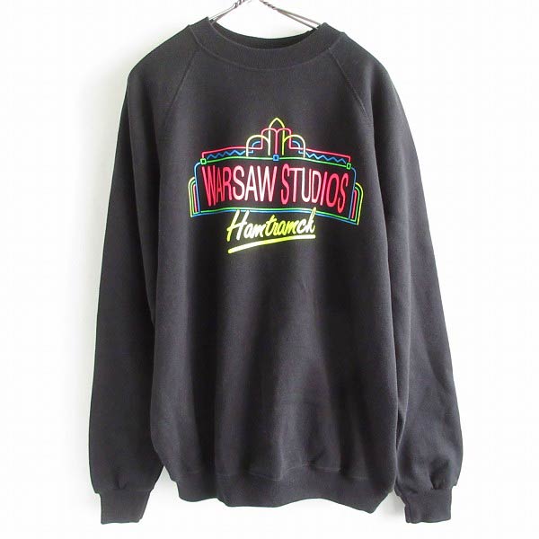80s-90s 美品 Hanes ネオンカラー デザイン プリント スウェット 黒 XL ブラック ラグランスリーブ ヘインズ ビンテージ D147【中古】【古着】【メンズ】【通販】【BTPX】