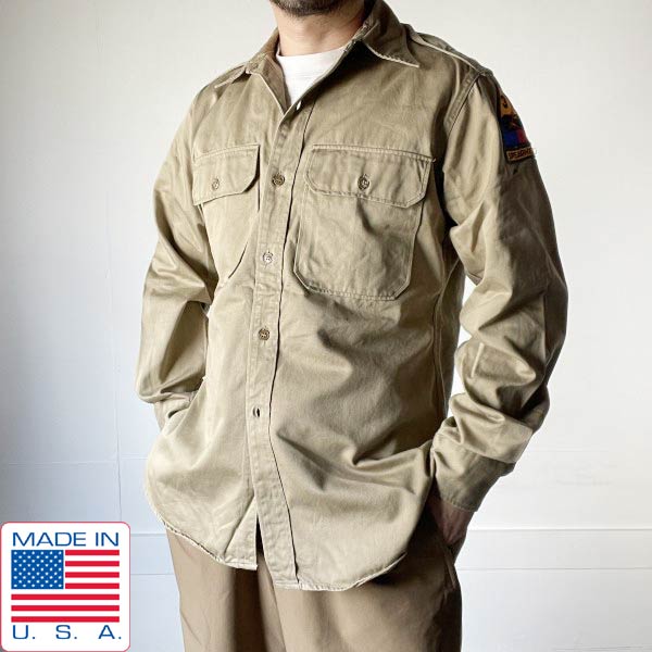 50s USA製 実物 米軍 US ARMY チノシャツ カーキ 15-1/2 長袖シャツ 第3機甲師団 ベージュ系 ビンテージ アメリカ製 D144【中古】【古着】【メンズ】【通販】【BTPM】