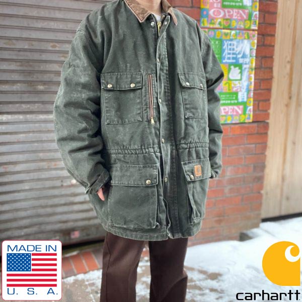 90s USA製 carhartt カーハート コットン ダック コート 緑系 3XL/XXXL 裏ブランケット ワーク ジャケット ビンテージ D149【中古】【古着】【メンズ】【通販】【BTOX】