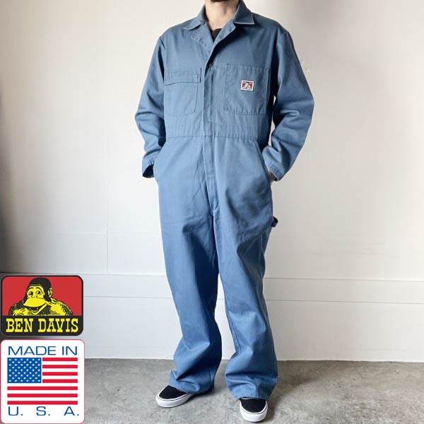 90s USA製 BEN DAVIS ベンデイビス つなぎ 水色系 40 ワーク オールインワン 長袖 アメリカ製 ビンテージ D151【中古】【古着】【メンズ】【通販】【BPM】