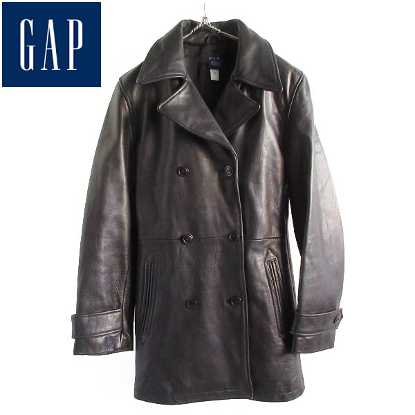 90s GAP オールドギャップ 肉厚 レザー ピーコート 黒 レディースM メンズS程度 美シルエット レザージャケット ビンテージ d144【中古】【BTOS】