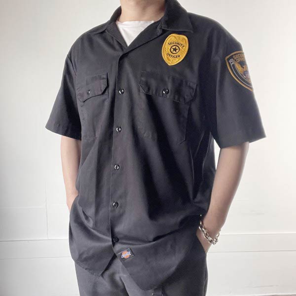 Dickies ディッキーズ SECURITY OFFICER ワッペン付き 半袖 ワーク シャツ 黒 L ブラック D151【中古】..
