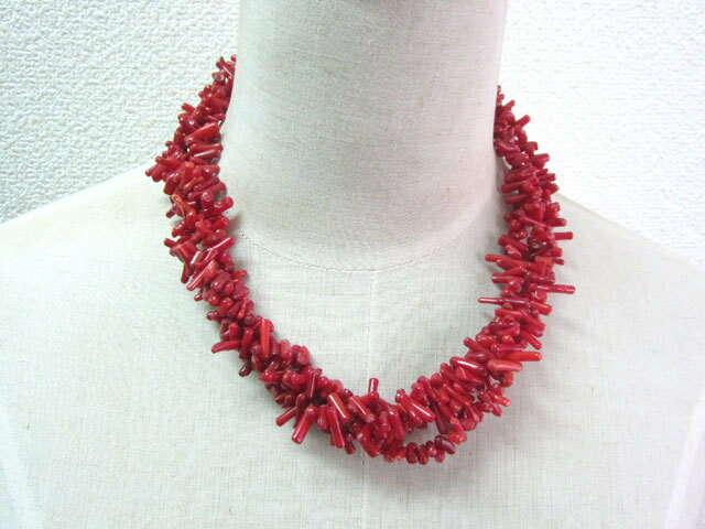 珊瑚ネックレス 3連ツイスト 小枝 レッド 赤 海竹珊瑚 さんご 01-308