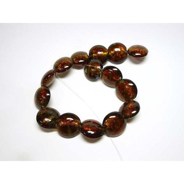 ◇トンボ玉連◇円盤 箔入り　ブラウン 約20mm 約14個　06-0985