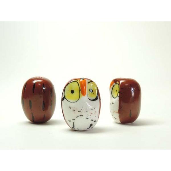 ◇陶器ビーズ◇フクロウ 模様 約22×17mm ブラウン 06-1109