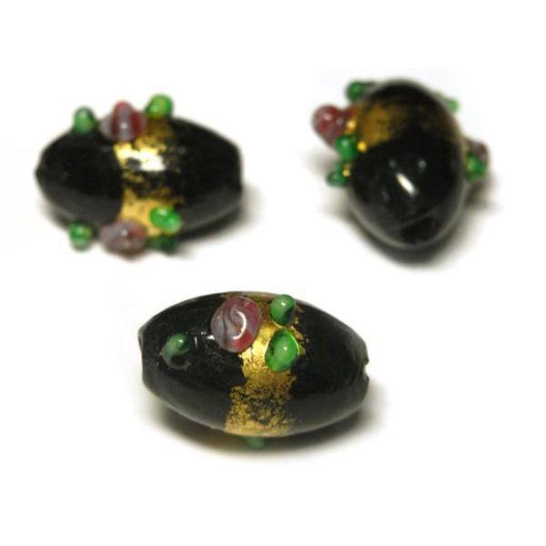 乐天商城 - ◇箔入りトンボ玉◇オーバル 約15mm 約9粒 花 ブラック 06-1218