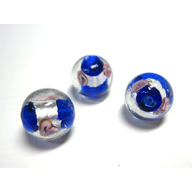 Rakuten - ◇トンボ玉連◇ラウンド 花 箔 青 約15mm 19粒 06-1331