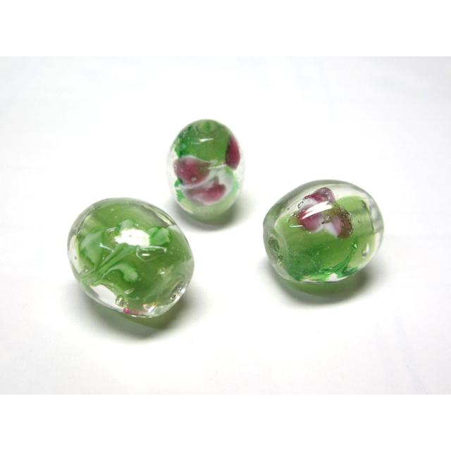 Rakuten - ◇トンボ玉◇オーバル 約12mm 18粒 花模様 黄緑 06-1356