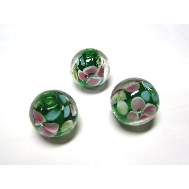 Rakuten - ◇トンボ玉◇ラウンド 約14mm 18粒 3色花模様 緑 06-1360