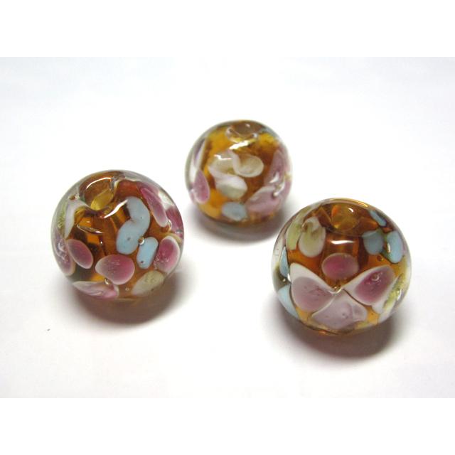 Rakuten - ◇トンボ玉◇ラウンド 約14mm 18粒 3色花模様 茶 06-1361